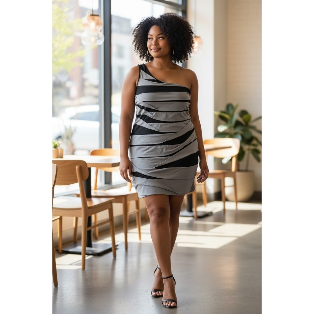 Ruby Rox Womens 1X One Shoulder Ruched Bodycon Mini Dress Grey Black Striped Y2K